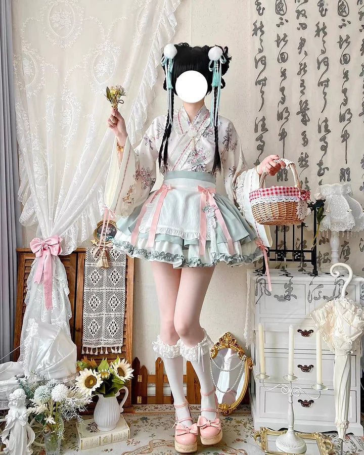 Qi Lolita Grass Green Maid Outfit Lolita Dress Long-sleeve Sweet Lolita