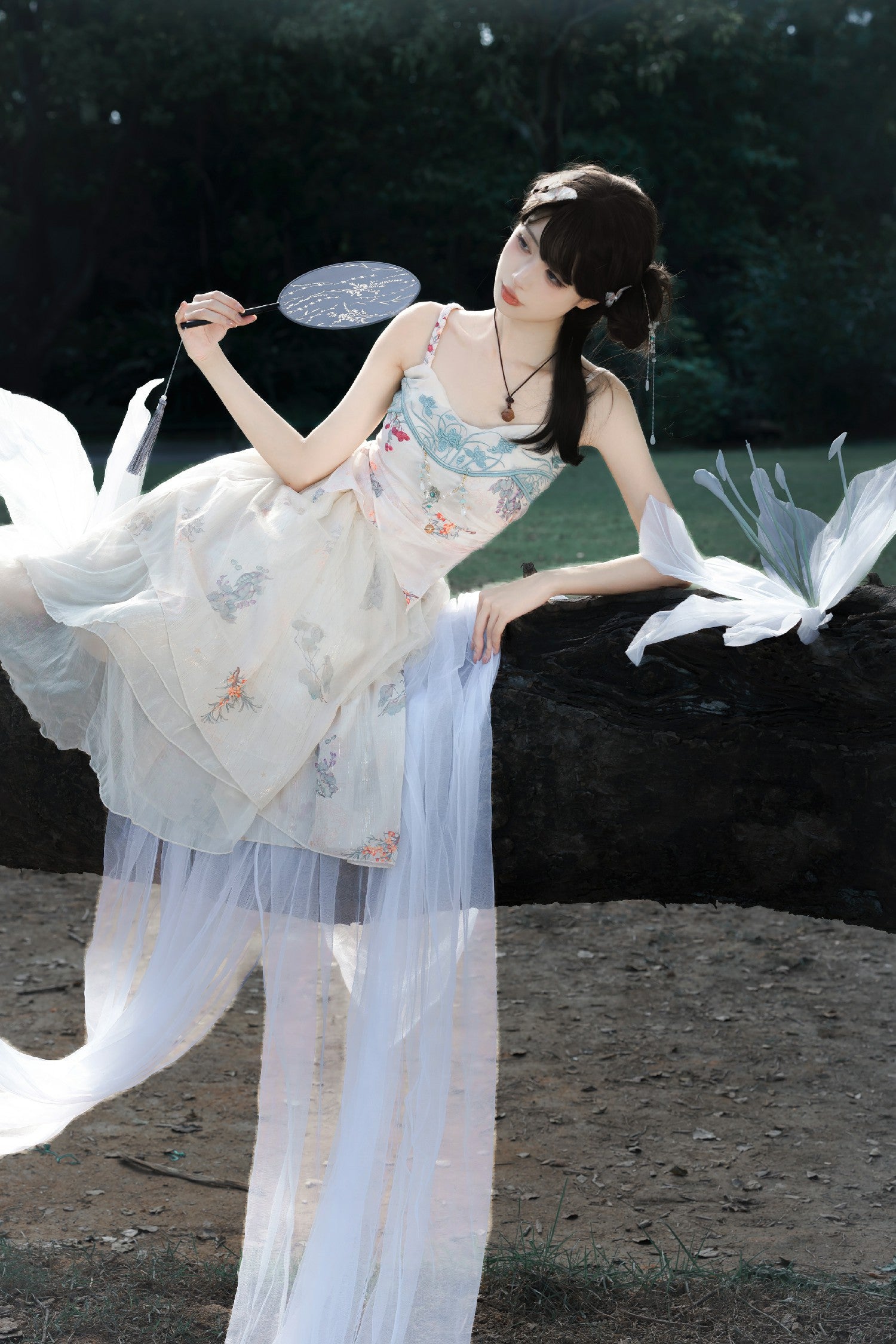 Qi Lolita Hime Floral Tulle Layer Skirt Split Sling Skirt Original Printing