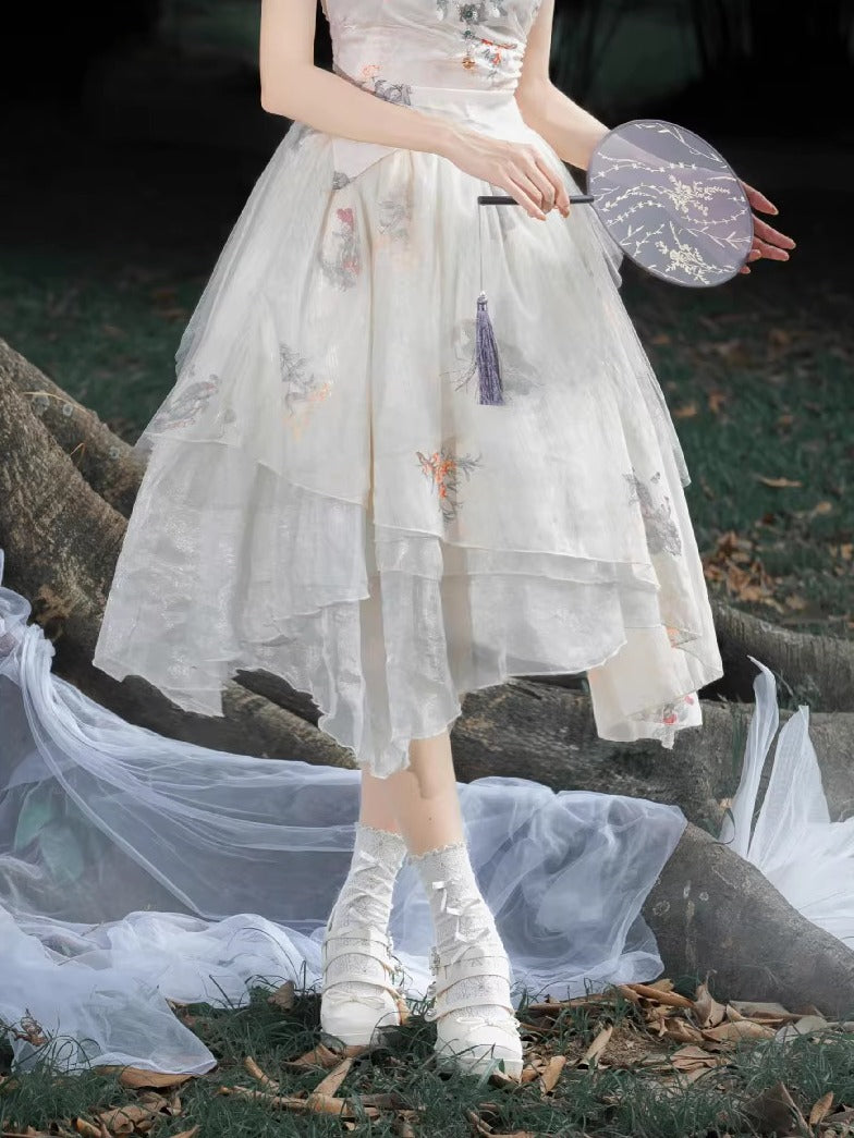 Qi Lolita Hime Floral Tulle Layer Skirt Split Sling Skirt Original Printing