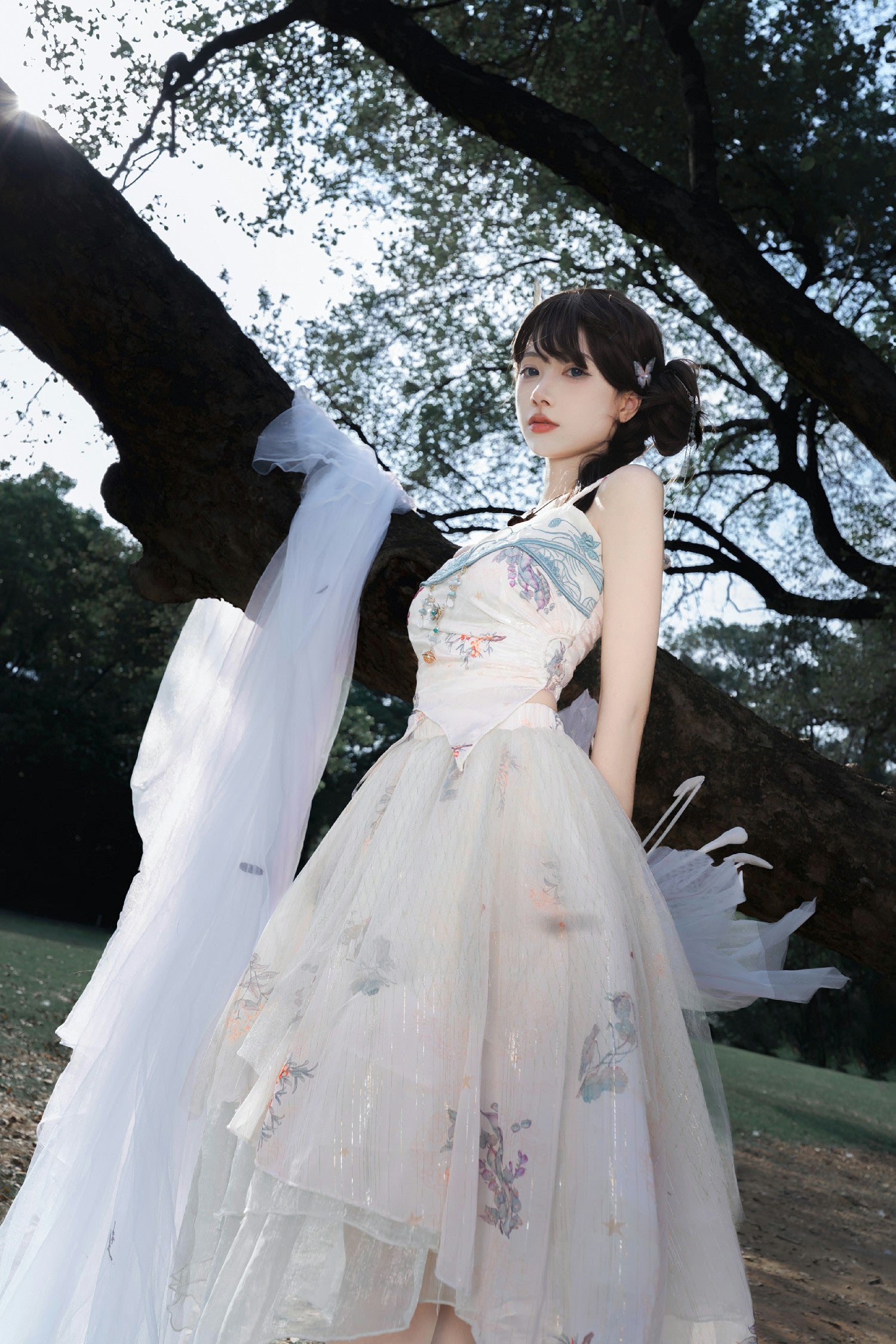 Qi Lolita Hime Floral Tulle Layer Skirt Split Sling Skirt Original Printing