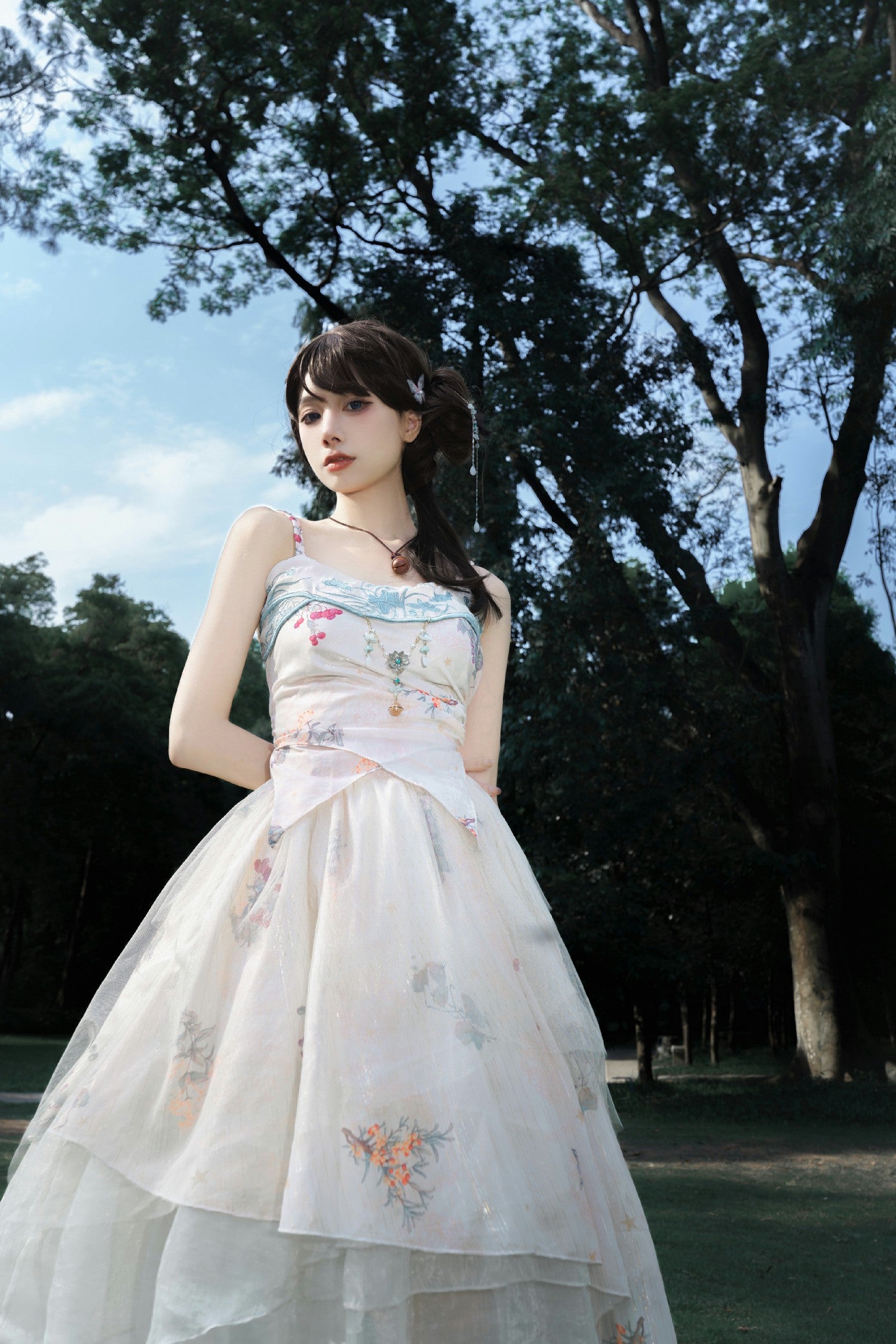 Qi Lolita Hime Floral Tulle Layer Skirt Split Sling Skirt Original Printing