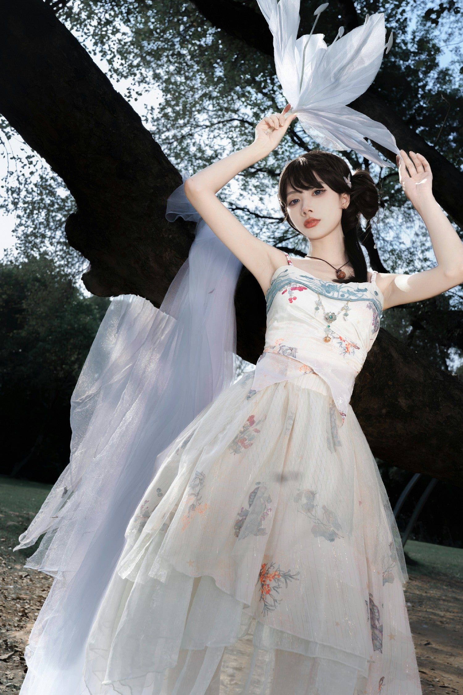 Qi Lolita Hime Floral Tulle Layer Skirt Split Sling Skirt Original Printing