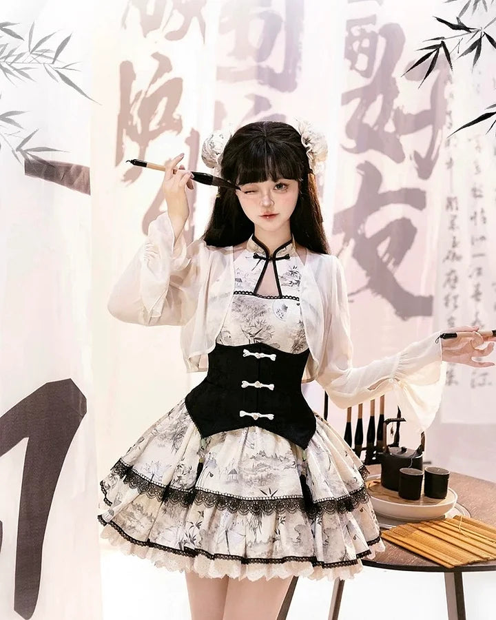 Qi Lolita Lolita Outfit Ink Bamboo Print Lolita Fashion Sweet Dress