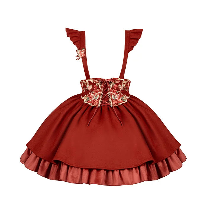 Qi Lolita New Year's Coat Length Strap Sk Vest Shirt Set Autumn and Winter Skirt Lolita Dress