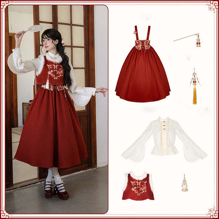 Qi Lolita New Year's Coat Length Strap Sk Vest Shirt Set Autumn and Winter Skirt Lolita Dress