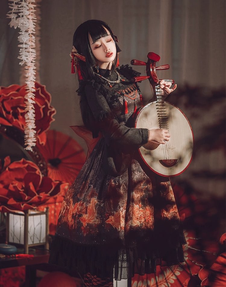 Qi Lolita Prom Dresses Fringe Lace Dress Red with Black Ruffle Hem Printed JSK