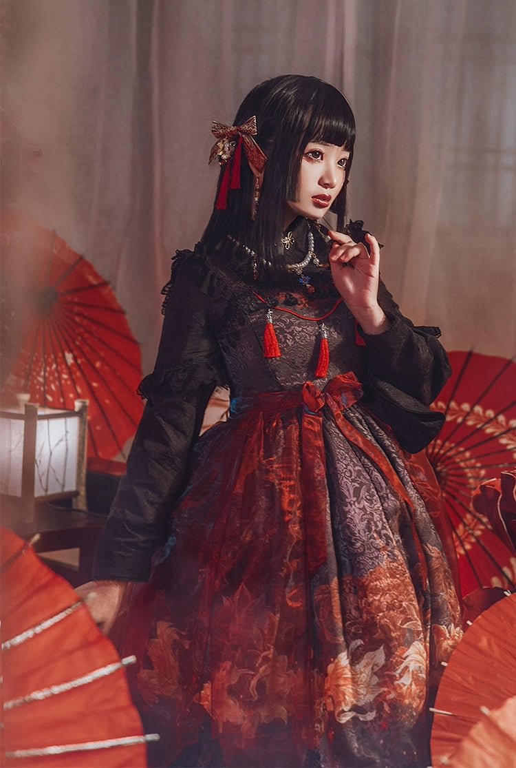 Qi Lolita Prom Dresses Fringe Lace Dress Red with Black Ruffle Hem Printed JSK
