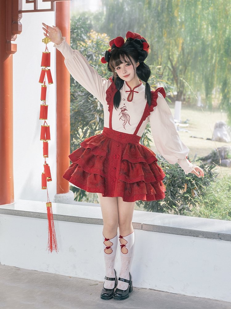 Qi Lolita Red Sweet Lolita Embroidered Shirt Vest Strap Skirt Bow Lolita Dress Winter New Year JSK