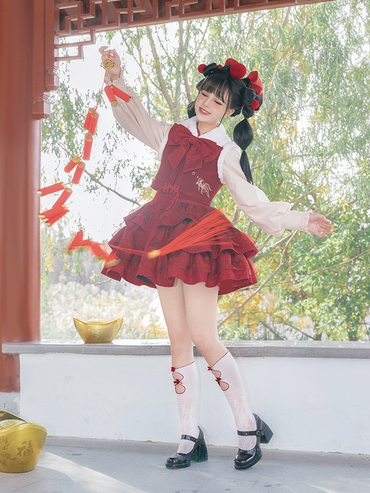 Qi Lolita Red Sweet Lolita Embroidered Shirt Vest Strap Skirt Bow Lolita Dress Winter New Year JSK