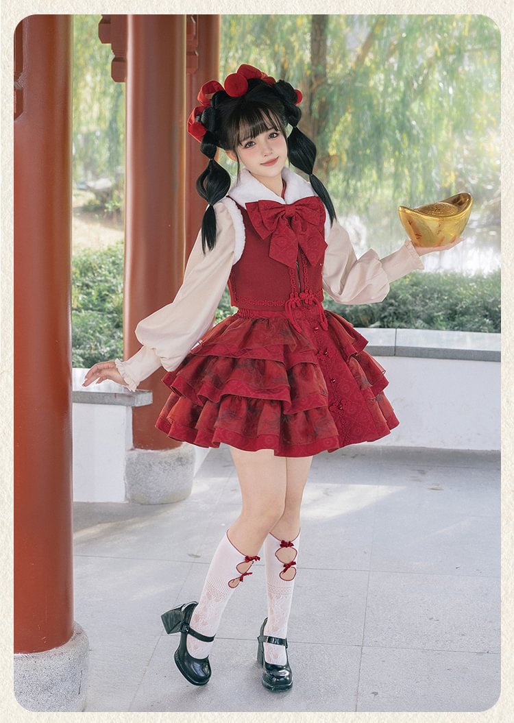 Qi Lolita Red Sweet Lolita Embroidered Shirt Vest Strap Skirt Bow Lolita Dress Winter New Year JSK