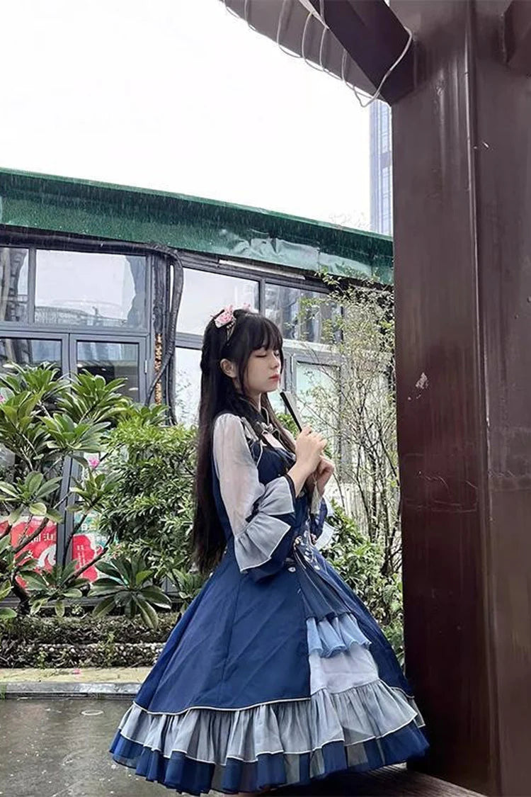 Qi Lolita Royal Blue Multi Layer Lace Print Classic Plus Size Chinese Style Princess Lolita JSK