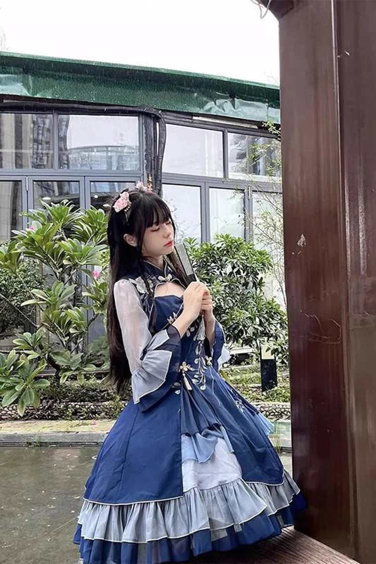 Qi Lolita Royal Blue Multi Layer Lace Print Classic Plus Size Chinese Style Princess Lolita JSK