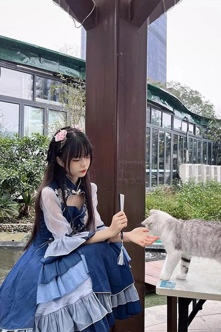 Qi Lolita Royal Blue Multi Layer Lace Print Classic Plus Size Chinese Style Princess Lolita JSK