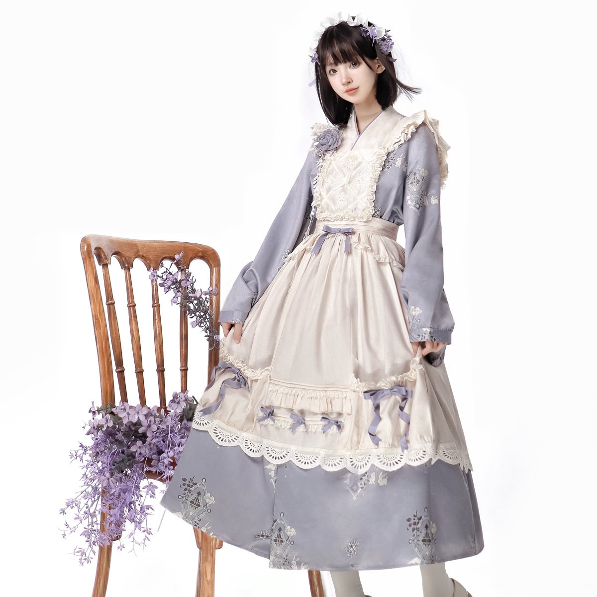 Qi Lolita Sweet Purple Maid Dress Elegant Long Sleeve Lolita Dress