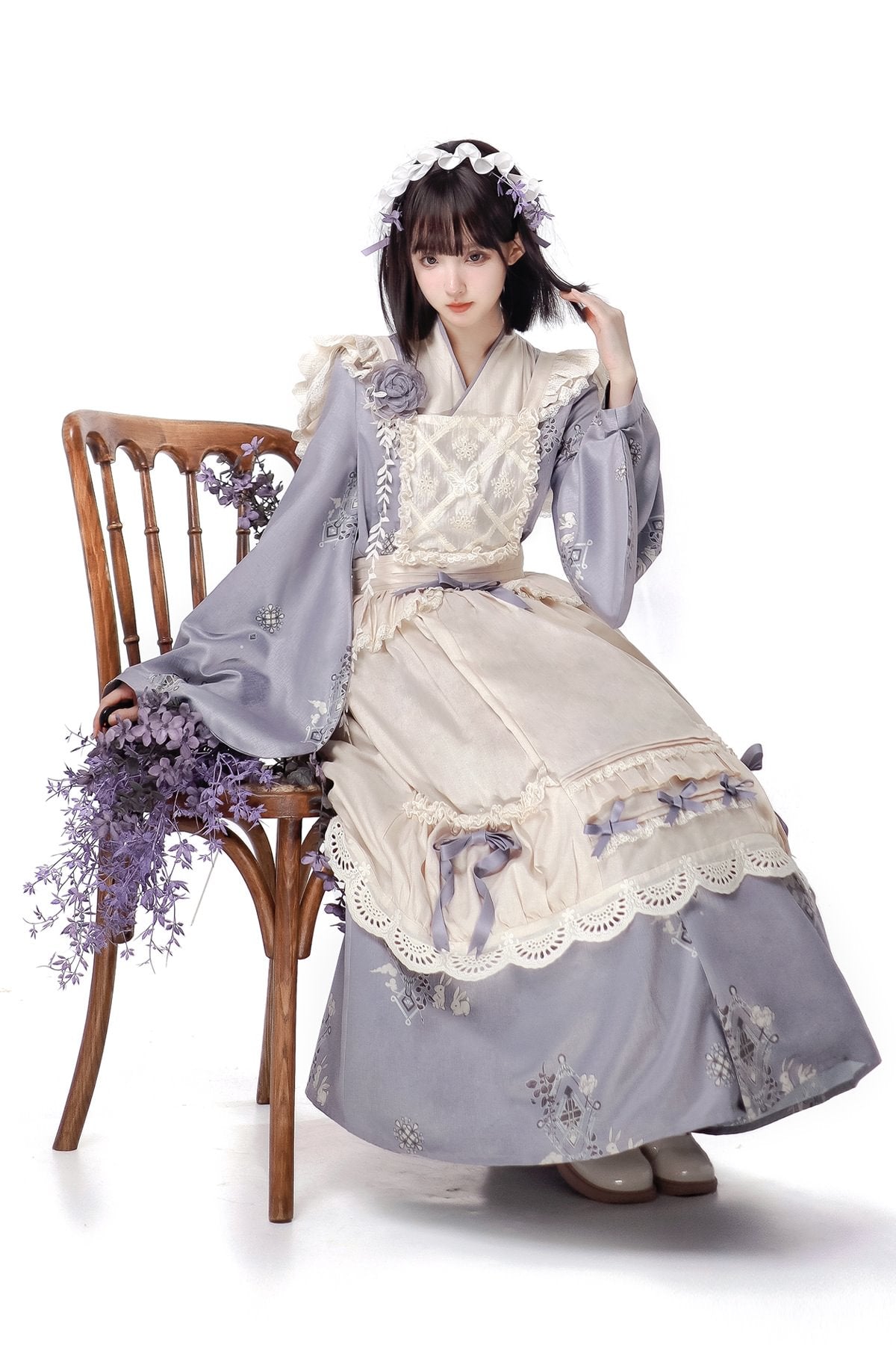 Qi Lolita Sweet Purple Maid Dress Elegant Long Sleeve Lolita Dress