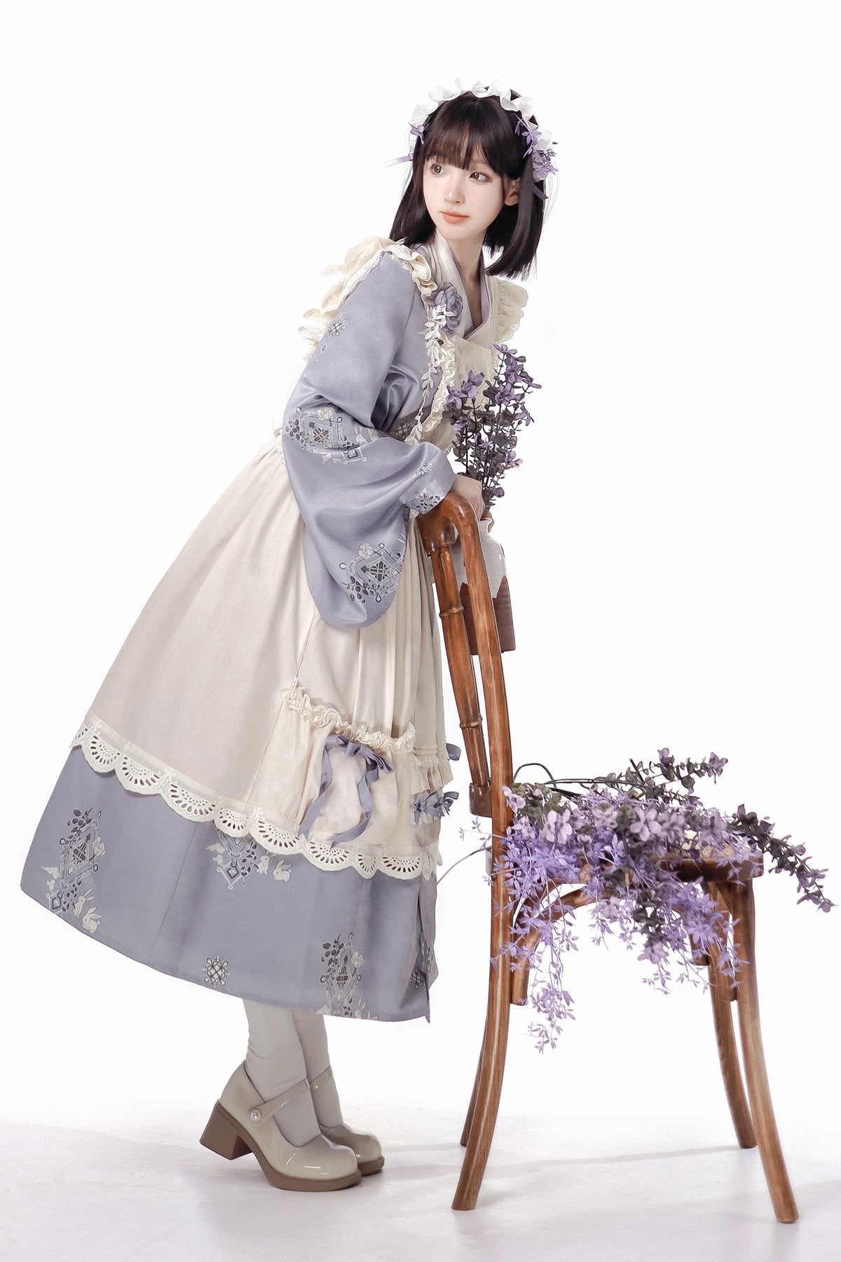 Qi Lolita Sweet Purple Maid Dress Elegant Long Sleeve Lolita Dress