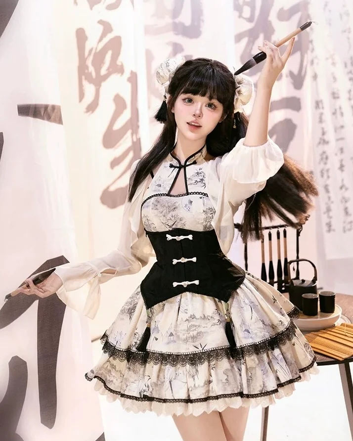 Qi Lolita White-black Ink Printed Bamboo Lace Ruffle Short Dress Outfit