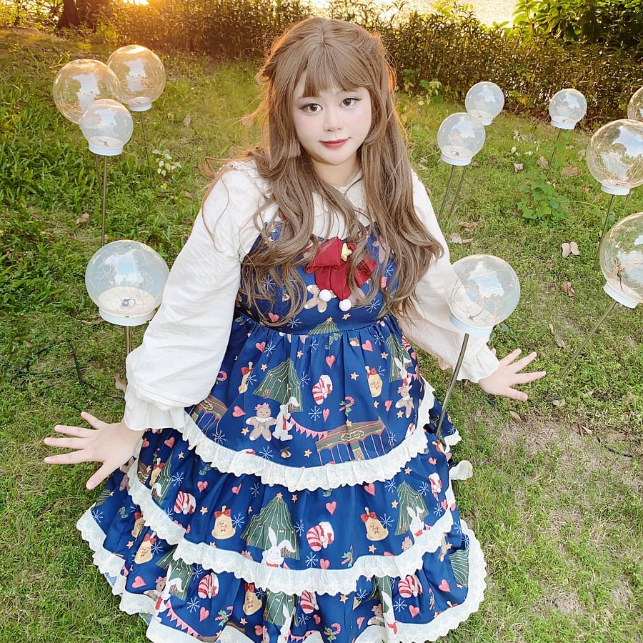 Red Blue Plus Sweet Christmas Gingerbread Bear Lolita Dress JSK
