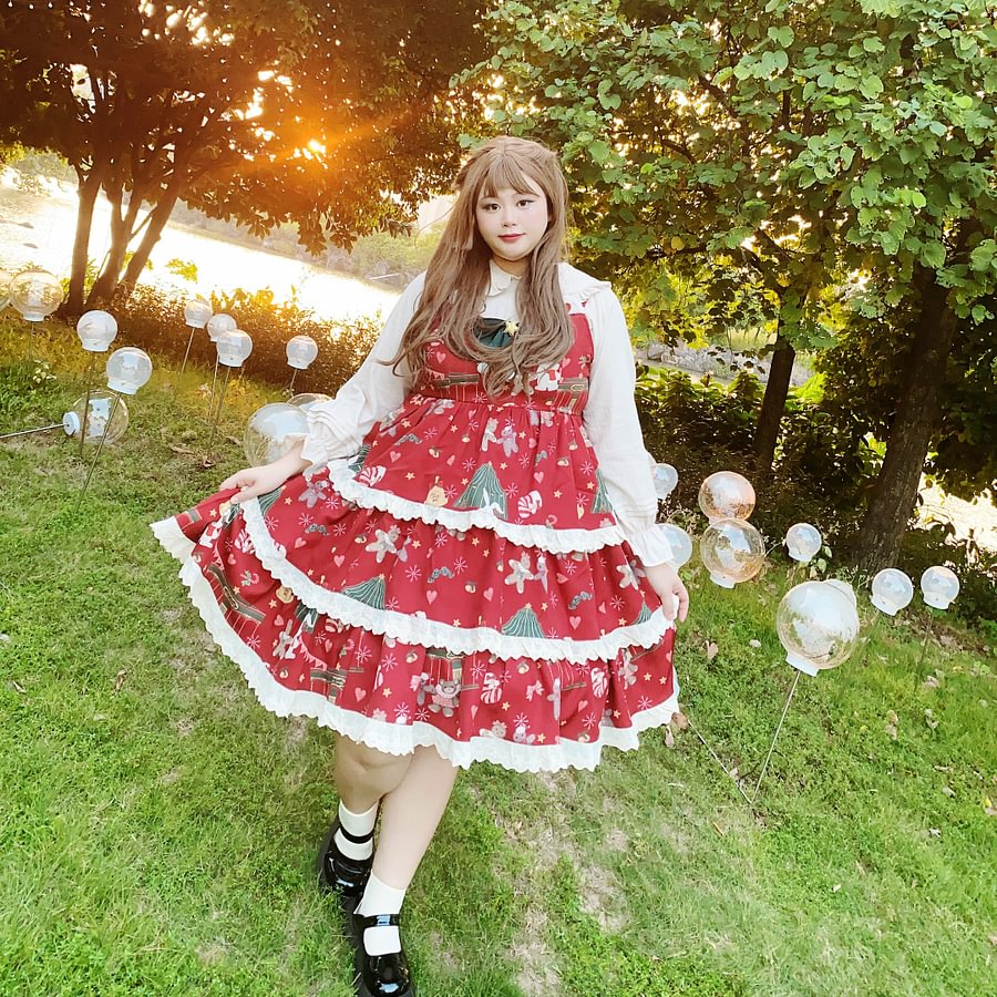 Red Blue Plus Sweet Christmas Gingerbread Bear Lolita Dress JSK