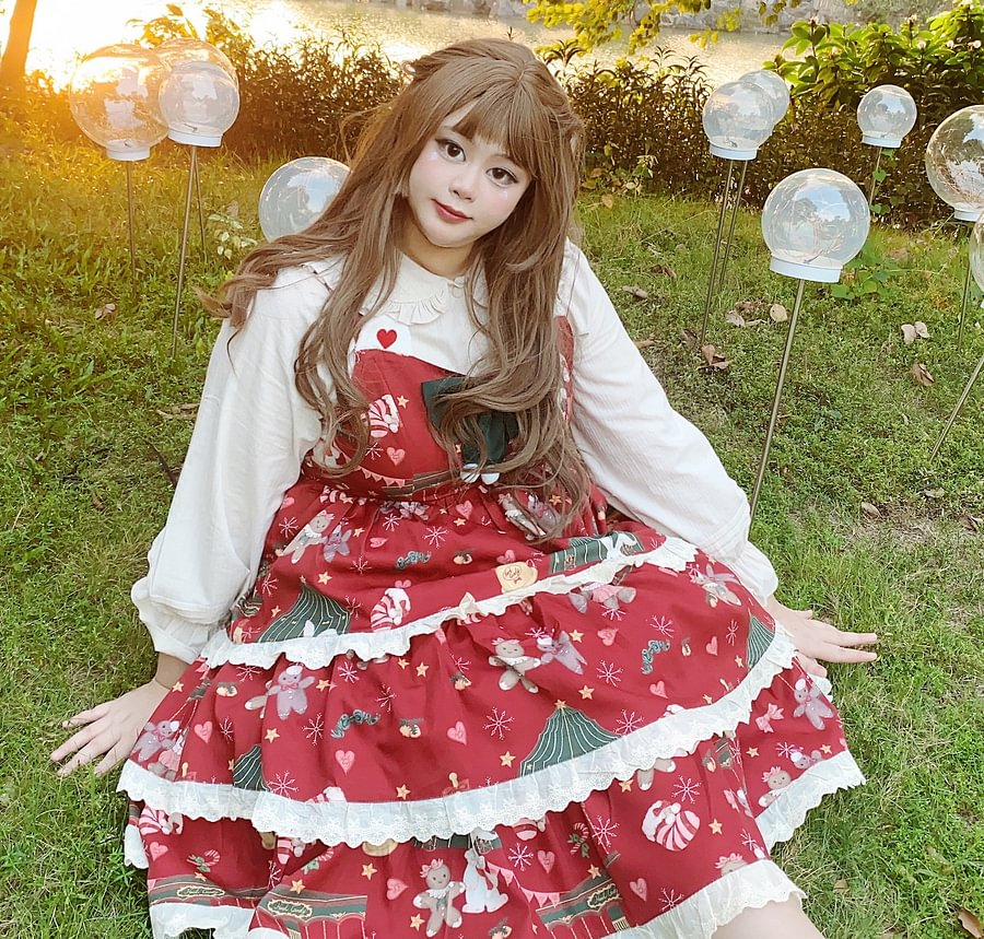 Red Blue Plus Sweet Christmas Gingerbread Bear Lolita Dress JSK