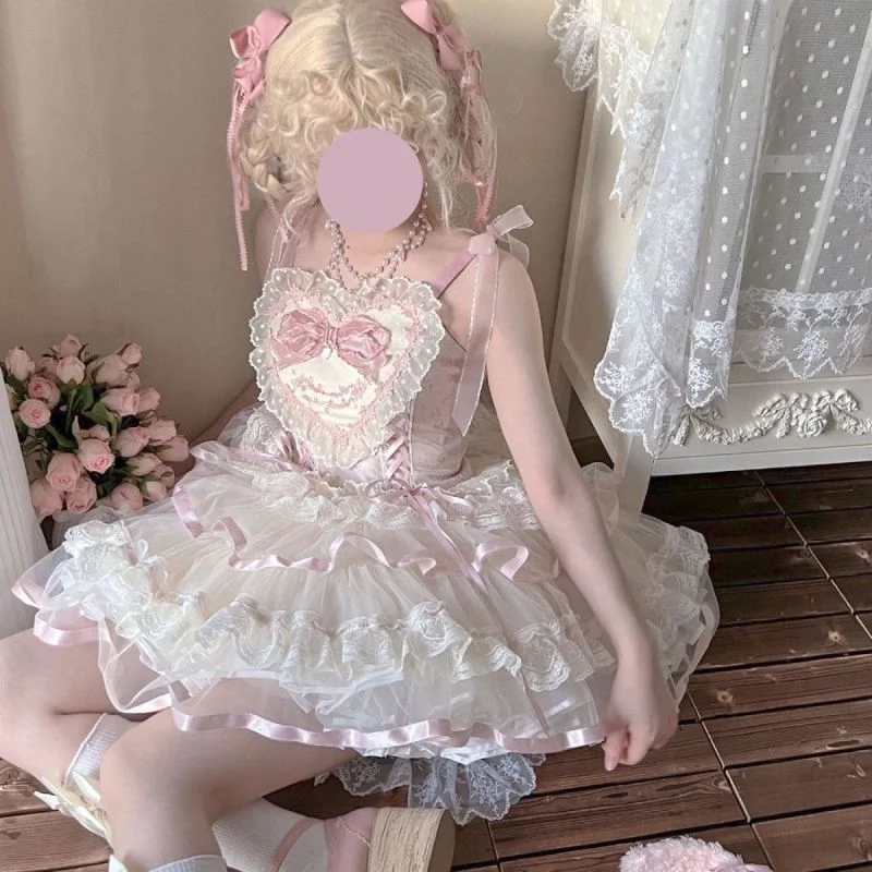 Sweet Lolita Pink Satin Ballet Lolita Suspender Dress Ballet Skirt Elegant