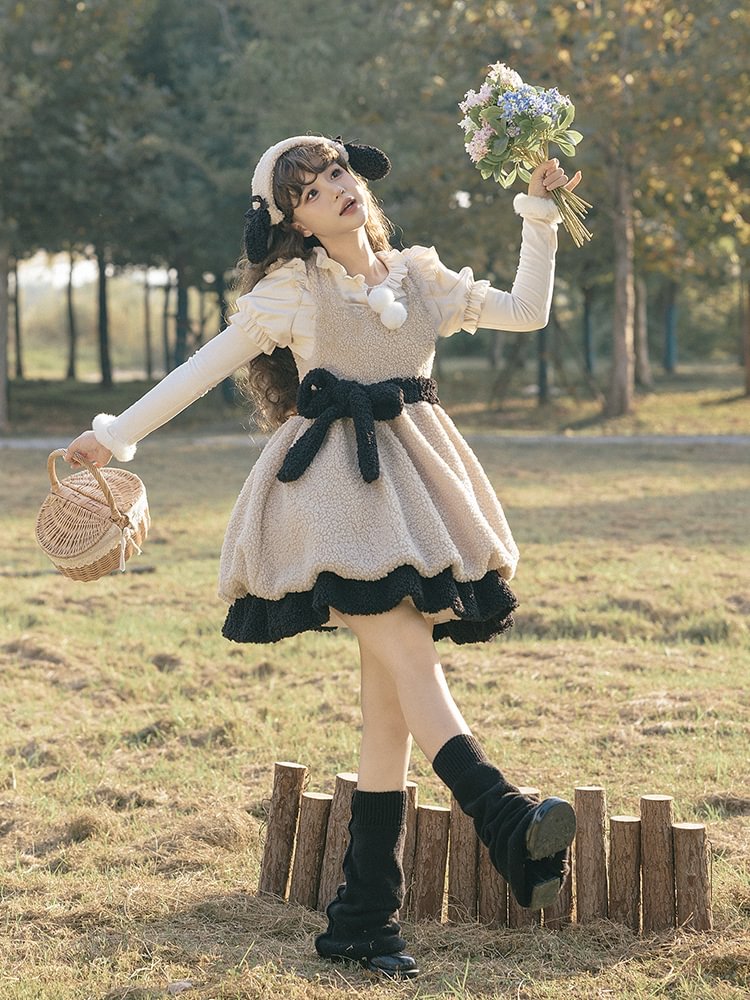 Shaun the Sheep Lamb Fur Suspender Dress Cute Sweet Lolita Dress Autumn Winter