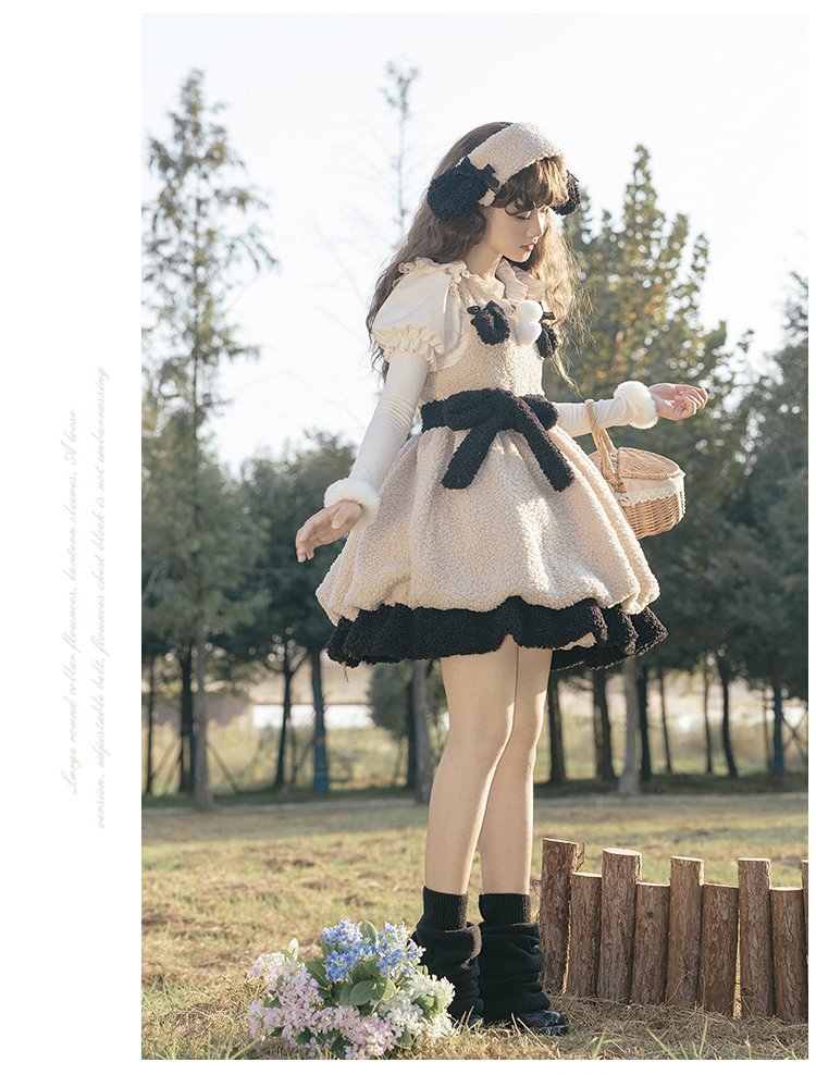 Shaun the Sheep Lamb Fur Suspender Dress Cute Sweet Lolita Dress Autumn Winter