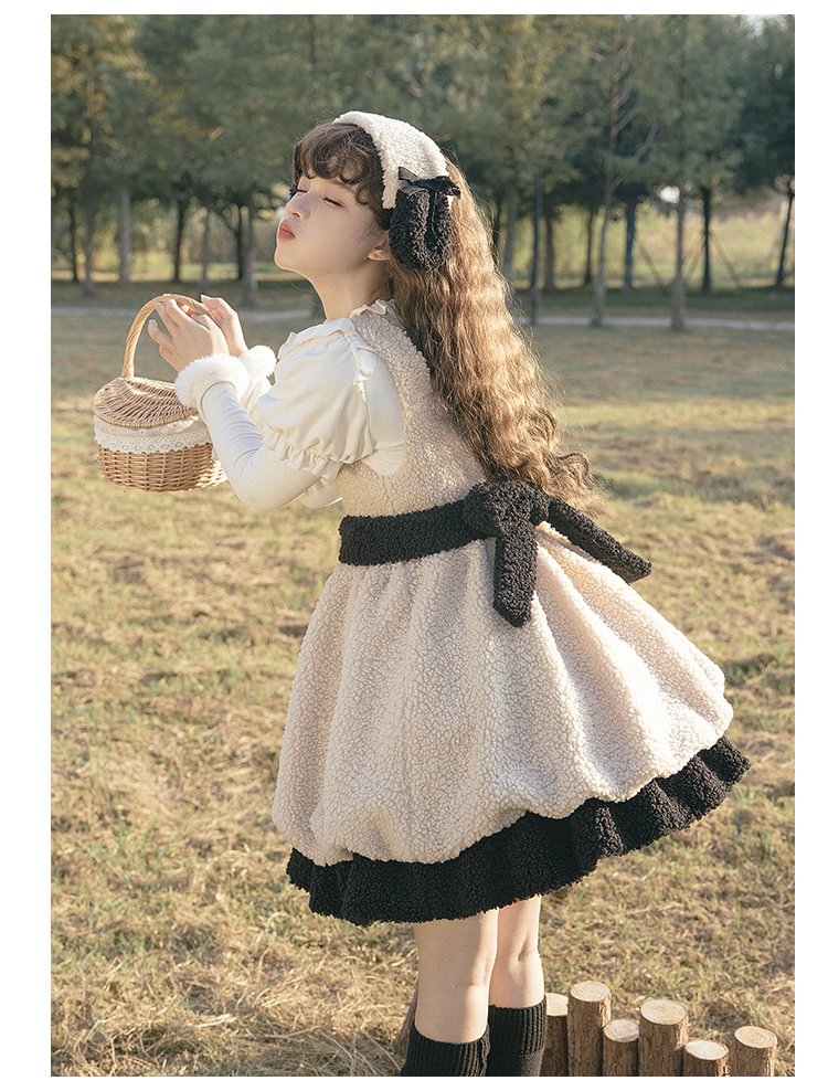 Shaun the Sheep Lamb Fur Suspender Dress Cute Sweet Lolita Dress Autumn Winter
