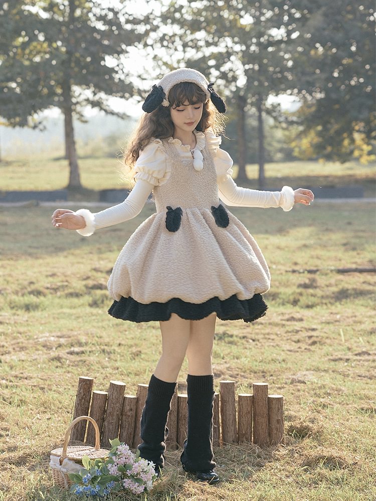 Shaun the Sheep Lamb Fur Suspender Dress Cute Sweet Lolita Dress Autumn Winter