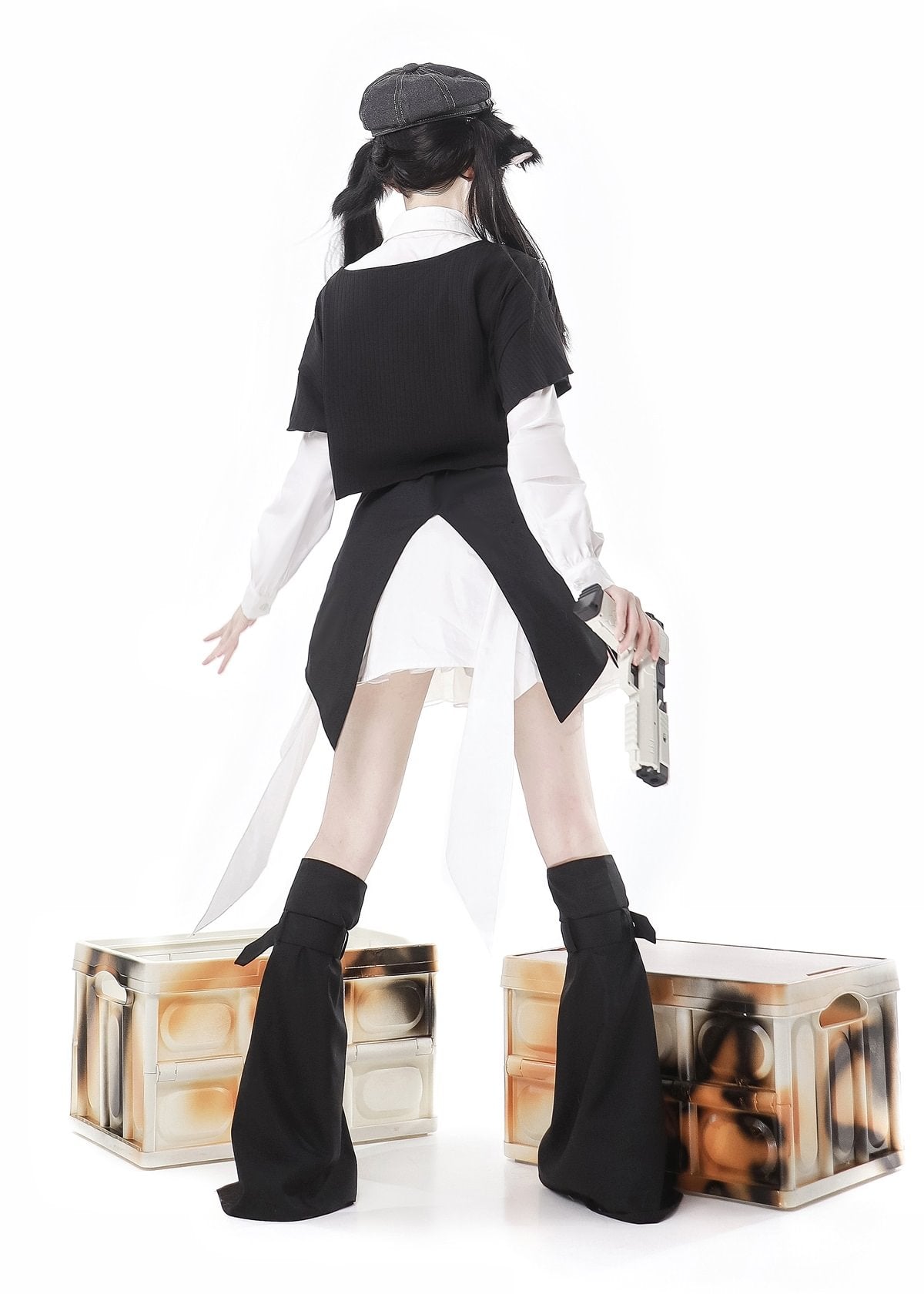 Simple Goth Suit Cool Girl Lolita Long Sleeve Shirt Set Black-white