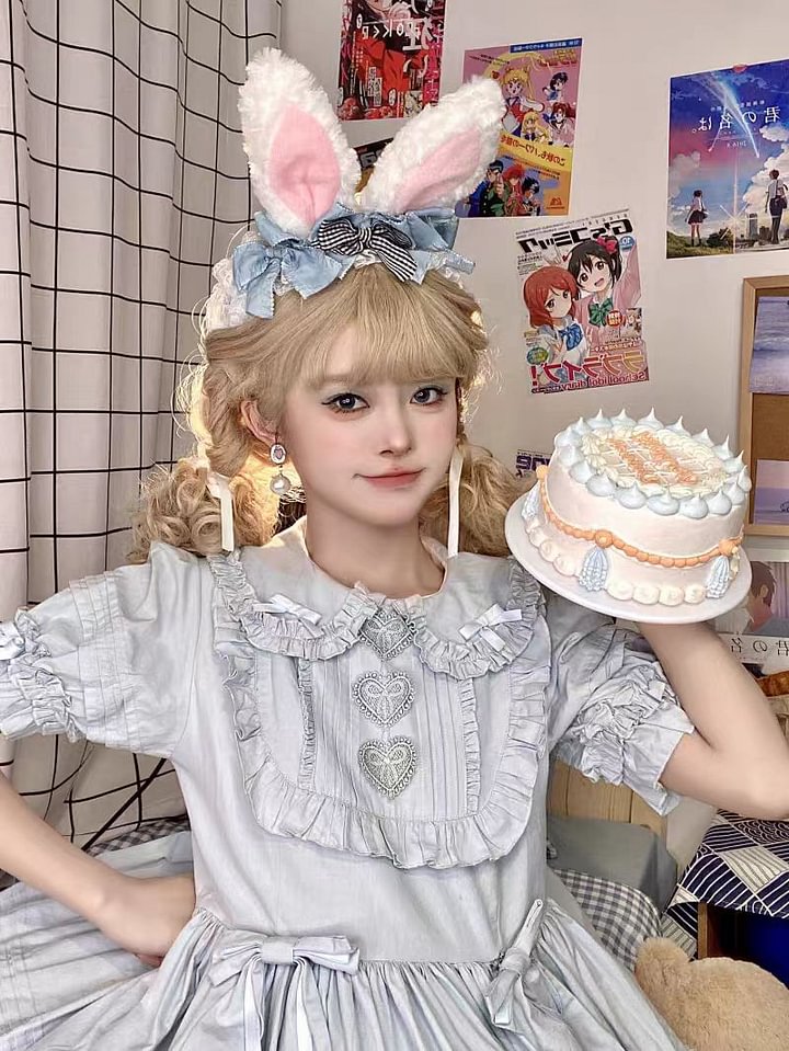 Spring and Autumn Velvet Light Blue Rabbit Ears Rabbit Headband Headband Ruffle Lolita Accessories