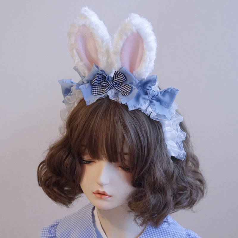 Spring and Autumn Velvet Light Blue Rabbit Ears Rabbit Headband Headband Ruffle Lolita Accessories