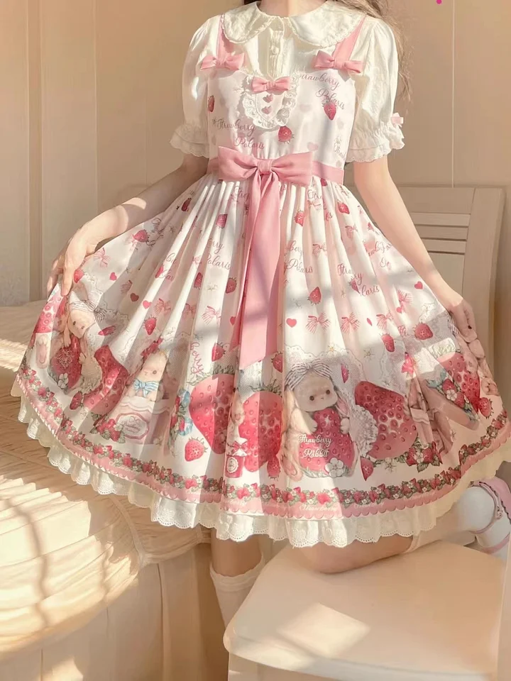 Spring/Summer Pink Cute Sweet JSK Daily Light Lolita Birthday Cake Dress Strawberry Bear Print