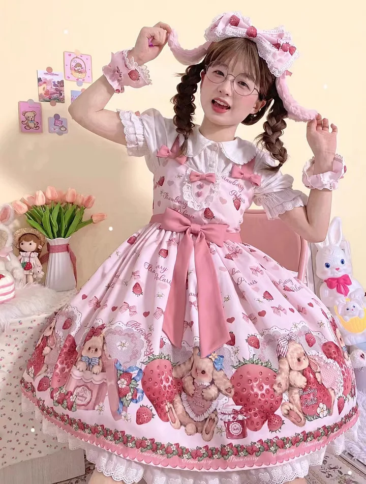Spring/Summer Pink Cute Sweet JSK Daily Light Lolita Birthday Cake Dress Strawberry Bear Print