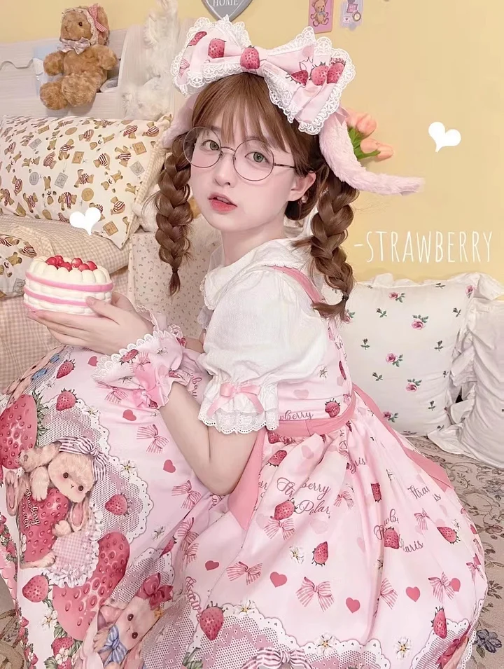 Spring/Summer Pink Cute Sweet JSK Daily Light Lolita Birthday Cake Dress Strawberry Bear Print