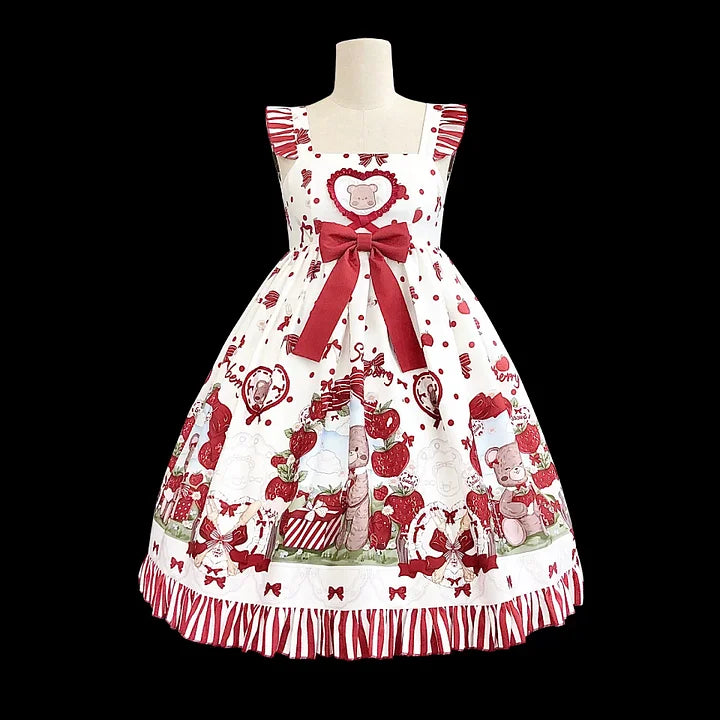 Strawberry Bear Sweet Embroidered Lolita Dress Red and White Chocolate  Dress Cute Short Sleeve Dress Kawaii Outfit