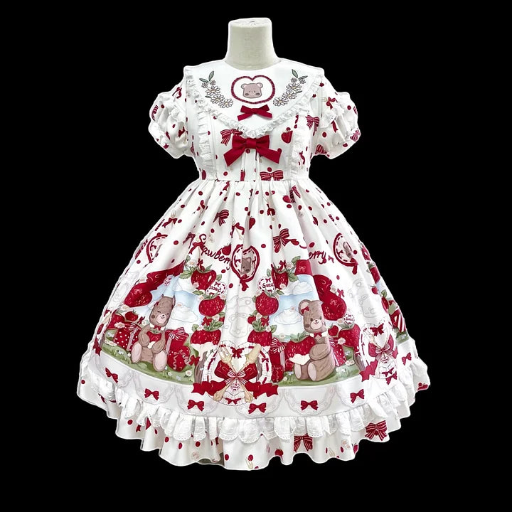 Strawberry Bear Sweet Embroidered Lolita Dress Red and White Chocolate  Dress Cute Short Sleeve Dress Kawaii Outfit