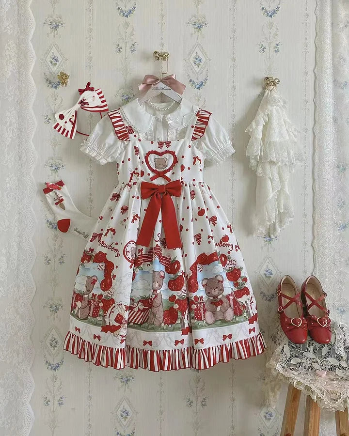 Strawberry Bear Sweet Embroidered Lolita Dress Red and White Chocolate  Dress Cute Short Sleeve Dress Kawaii Outfit