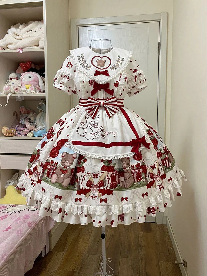 Strawberry Bear Sweet Embroidered Lolita Dress Red and White Chocolate  Dress Cute Short Sleeve Dress Kawaii Outfit