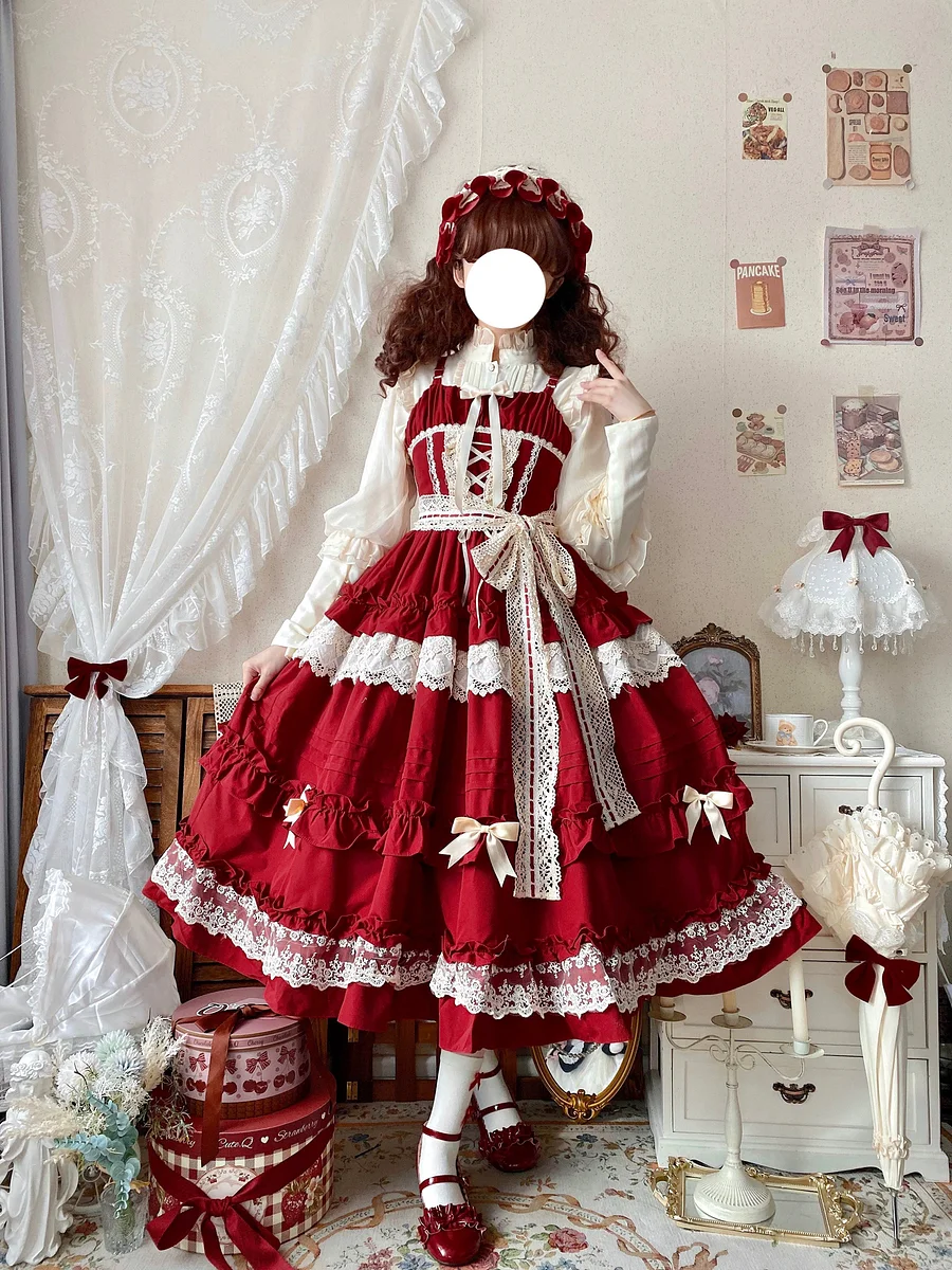 Sweet Lolita Red Pink Lace Elegant Lolita Ruffled Hem JSK Dress Casual Coord Daily Outfit