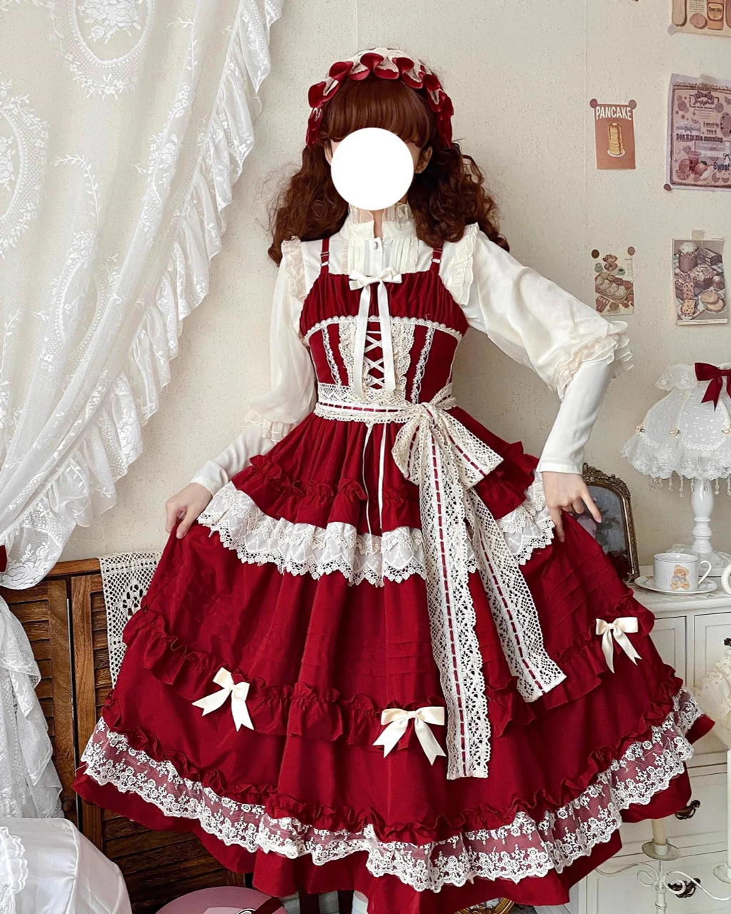 Sweet Lolita Red Pink Lace Elegant Lolita Ruffled Hem JSK Dress Casual Coord Daily Outfit