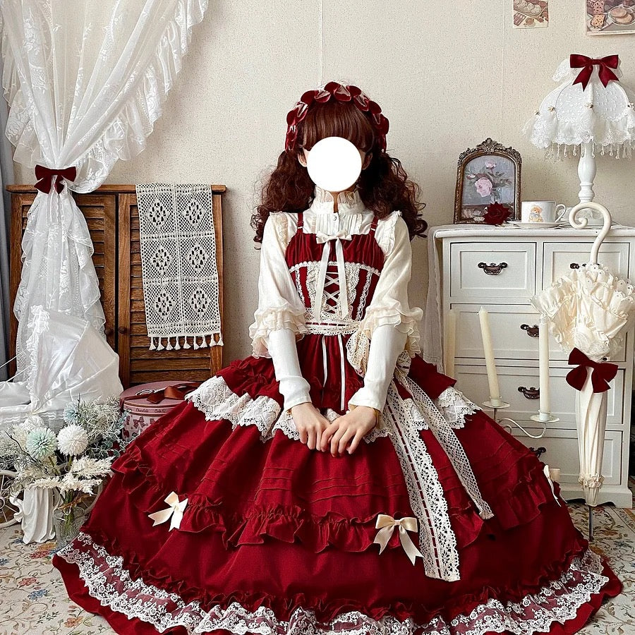 Sweet Lolita Red Pink Lace Elegant Lolita Ruffled Hem JSK Dress Casual Coord Daily Outfit