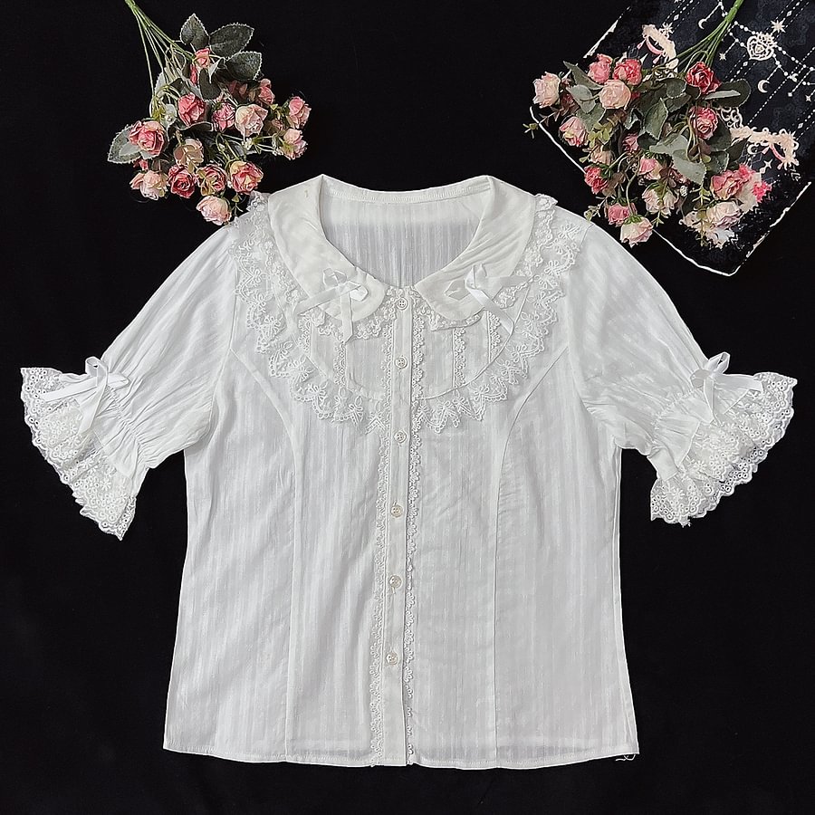Summer Doll Collar Short-sleeved Cotton Shirt with Inner Lolita Sweet and Cute Fungus Edge Blouse