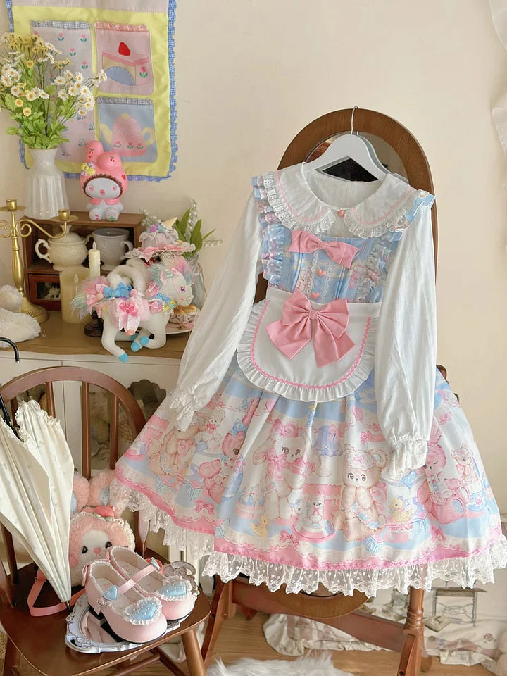 Sweet Bear Pink Lolita Dress JSK Kawaii Outfit Slip Cute Dresses Bow Lace