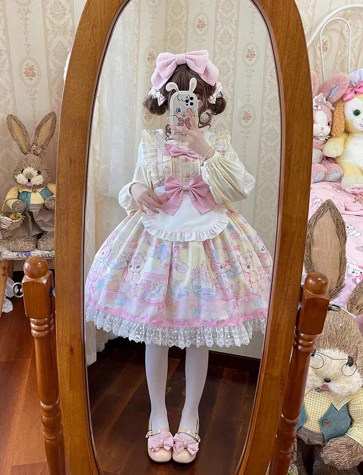 Sweet Bear Pink Lolita Dress JSK Kawaii Outfit Slip Cute Dresses Bow Lace