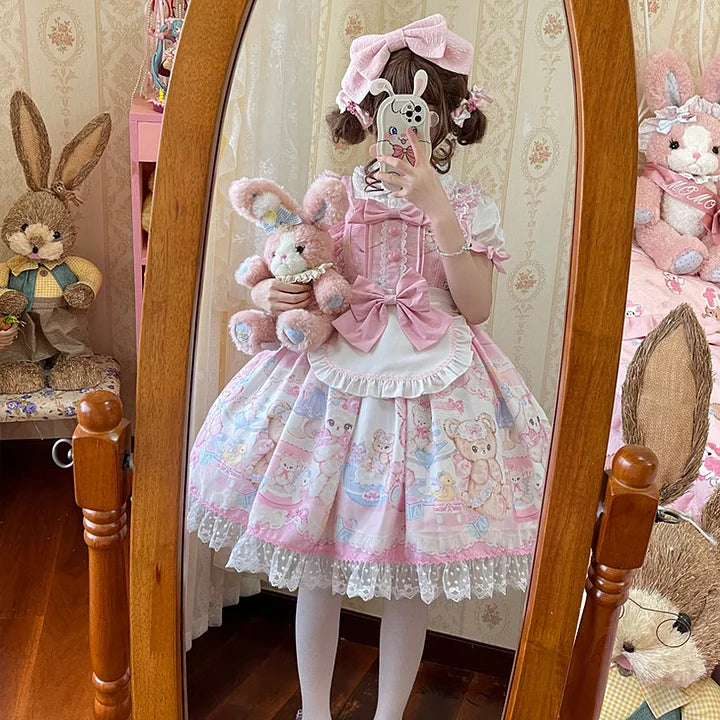 Sweet Bear Pink Lolita Dress JSK Kawaii Outfit Slip Cute Dresses Bow Lace