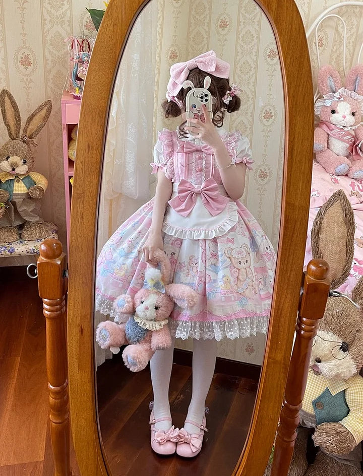 Sweet Bear Pink Lolita Dress JSK Kawaii Outfit Slip Cute Dresses Bow Lace