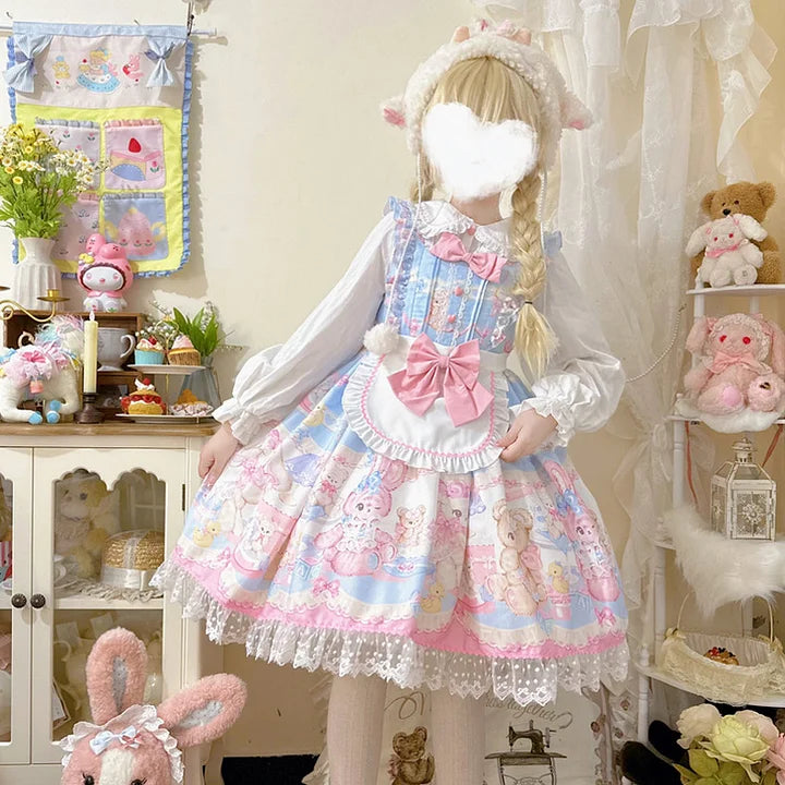 Sweet Bear Pink Lolita Dress JSK Kawaii Outfit Slip Cute Dresses Bow Lace