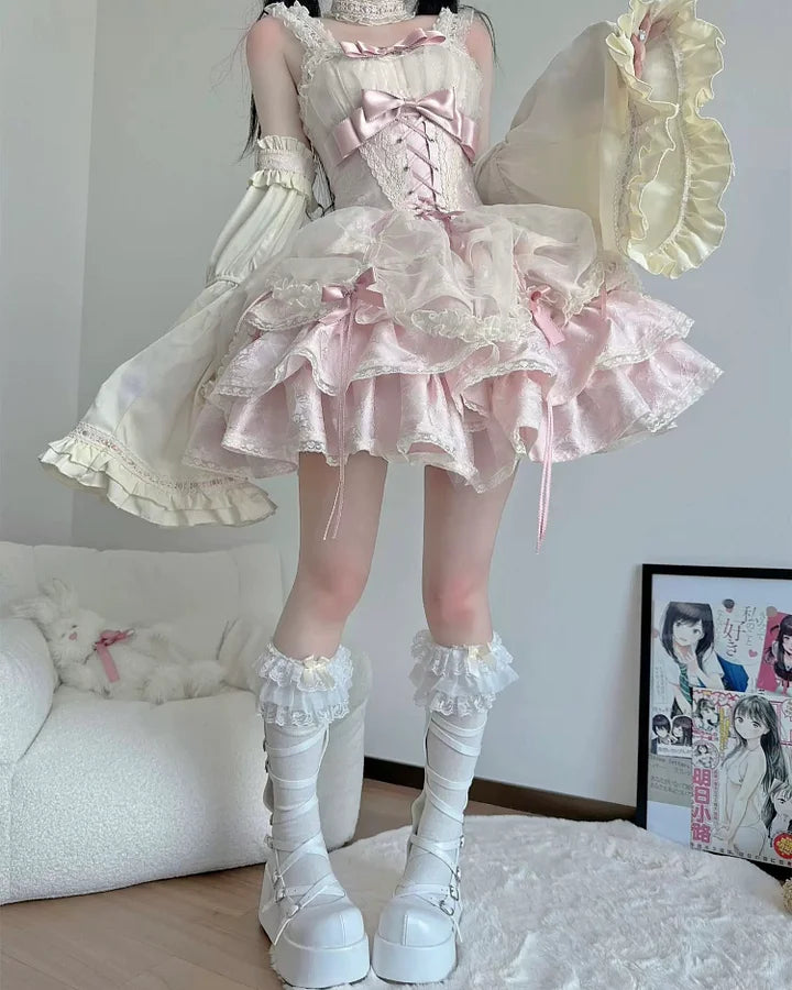 Blue Pink Sweet Lolita JSK Princess Dress Ballet Style Bow Ball Gown