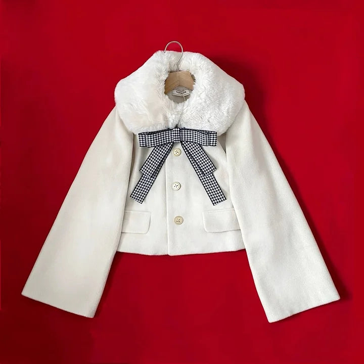 Sweet Bow Wool Coat Women's Short Coat in Winter Fur Collar Lolita Outfit